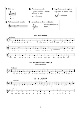 1
A Si bemol B Ponto de aumento C Ligadura de prolongação
O ponto eqüivale à metade
do valor da nota.
= 3 tempos
Liga notas de mesma altura.
= 3 tempos
D Ambos os sis são bemóis E Armadura de clave de fá maior
Indica que a nota si é
bemol.
35 - A VIUVINHA
36 - AO PASSAR DA BARCA
Decorar a melodia
37 - É LADRÃO
 