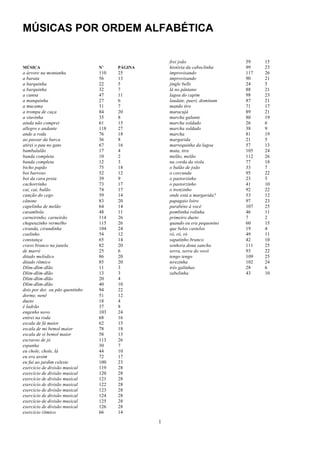 1
MÚSICAS POR ORDEM ALFABÉTICA
MÚSICA N’ PÁGINA
a árvore na montanha 110 25
a barata 56 13
a barquinha 22 5
a barquinha 32 7
a canoa 47 11
a manquinha 27 6
a mucama 31 7
a trompa de caça 84 20
a viuvinha 35 8
ainda não comprei 61 15
allegro e andante 118 27
ande a roda 76 18
ao passar da barca 36 8
atirei o pau no gato 67 16
bambalalão 17 4
banda completa 10 2
banda completa 12 3
bicho papão 75 18
boi barroso 52 12
boi da cara preta 39 9
cachorrinho 73 17
cai, cai, balão 74 17
canção do cego 59 14
cânone 83 20
capelinha de melão 64 14
carambola 48 11
carneirinho, carneirão 114 26
chapeuzinho vermelho 115 26
ciranda, cirandinha 104 24
coelinho 54 12
constança 65 14
cravo branco na janela 82 20
de marré 25 6
ditado melódico 86 20
ditado rítmico 85 20
Dlim-dlim-dlão 11 3
Dlim-dlim-dlão 13 3
Dlim-dlim-dlão 20 4
Dlim-dlim-dlão 40 10
dois por dez ou pão quentinho 94 22
dorme, nenê 51 12
dueto 18 4
é ladrão 37 8
engenho novo 103 24
entrei na roda 68 16
escala de fá maior 62 15
escala de mi bemol maior 78 18
escala de si bemol maior 58 13
escravos de jó 113 26
espanha 30 7
eu chole, chole, lá 44 10
eu era assim 72 17
eu fui ao jardim celeste 100 23
exercício de divisão musical 119 28
exercício de divisão musical 120 28
exercício de divisão musical 121 28
exercício de divisão musical 122 28
exercício de divisão musical 123 28
exercício de divisão musical 124 28
exercício de divisão musical 125 28
exercício de divisão musical 126 28
exercício rítmico 66 14
frei joão 59 15
história da caboclinha 99 23
improvisando 117 26
improvisando 90 21
jingle bells 24 5
lá no pântano 88 21
lagoa do capim 98 23
laudate, pueri, dominum 87 21
mando tiro 71 17
maracujá 89 21
marcha galante 80 19
marcha soldado 26 6
marcha soldado 38 9
marcha 81 19
margarida 21 5
marrequinha da lagoa 57 13
mata, tira 105 24
melão, melão 112 26
na corda da viola 77 18
o balão de joão 33 7
o corcunda 95 22
o pastorzinho 23 5
o pastorzinho 41 10
o trenzinho 92 22
onde está a margarida? 53 12
papagaio loiro 97 23
parabéns à você 107 25
pombinha rolinha 46 11
primeiro dueto 7 2
quando eu era pequenino 60 15
que belos castelos 19 4
ró, ró, ró 49 11
sapatinho branco 42 10
senhora dona sancha 111 25
serra, serra do vovô 93 22
tengo tengo 109 25
terezinha 102 24
três galinhas 28 6
zabelinha 43 10
 