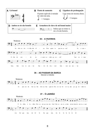 8
A Lá bemol B Ponto de aumento C Ligadura de prolongação
O ponto eqüivale à metade
do valor da nota.
= 3 tempos
Liga notas de mesma altura.
= 3 tempos
D Ambos os sis são bemóis E Armadura de clave de mi bemol maior
Indica que as notas si,
mi e lá são bemóis.
35 - A VIUVINHA
36 - AO PASSAR DA BARCA
Decorar a melodia
37 - É LADRÃO
 