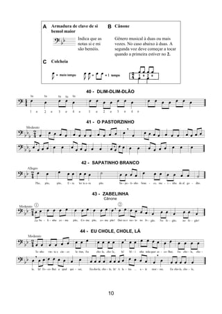 10
A Armadura de clave de si
bemol maior
B Cânone
Indica que as
notas si e mi
são bemóis.
Gênero musical à duas ou mais
vozes. No caso abaixo à duas. A
segunda voz deve começar a tocar
quando a primeira estiver no 2.
C Colcheia
40 - DLIM-DLIM-DLÃO
41 - O PASTORZINHO
42 - SAPATINHO BRANCO
43 - ZABELINHA
Cânone
44 - EU CHOLE, CHOLE, LÁ
 