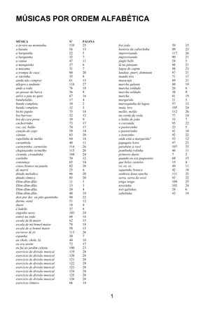 1
MÚSICAS POR ORDEM ALFABÉTICA
MÚSICA N’ PÁGINA
a árvore na montanha 110 25
a barata 56 13
a barquinha 22 5
a barquinha 32 7
a canoa 47 11
a manquinha 27 6
a mucama 31 7
a trompa de caça 84 20
a viuvinha 35 8
ainda não comprei 61 15
allegro e andante 118 27
ande a roda 76 18
ao passar da barca 36 8
atirei o pau no gato 67 16
bambalalão 17 4
banda completa 10 2
banda completa 12 3
bicho papão 75 18
boi barroso 52 12
boi da cara preta 39 9
cachorrinho 73 17
cai, cai, balão 74 17
canção do cego 59 14
cânone 83 20
capelinha de melão 64 14
carambola 48 11
carneirinho, carneirão 114 26
chapeuzinho vermelho 115 26
ciranda, cirandinha 104 24
coelinho 54 12
constança 65 14
cravo branco na janela 82 20
de marré 25 6
ditado melódico 86 20
ditado rítmico 85 20
Dlim-dlim-dlão 11 3
Dlim-dlim-dlão 13 3
Dlim-dlim-dlão 20 4
Dlim-dlim-dlão 40 10
dois por dez ou pão quentinho 94 22
dorme, nenê 51 12
dueto 18 4
é ladrão 37 8
engenho novo 103 24
entrei na roda 68 16
escala de fá maior 62 15
escala de mi bemol maior 78 18
escala de si bemol maior 58 13
escravos de jó 113 26
espanha 30 7
eu chole, chole, lá 44 10
eu era assim 72 17
eu fui ao jardim celeste 100 23
exercício de divisão musical 119 28
exercício de divisão musical 120 28
exercício de divisão musical 121 28
exercício de divisão musical 122 28
exercício de divisão musical 123 28
exercício de divisão musical 124 28
exercício de divisão musical 125 28
exercício de divisão musical 126 28
exercício rítmico 66 14
frei joão 59 15
história da caboclinha 99 23
improvisando 117 26
improvisando 90 21
jingle bells 24 5
lá no pântano 88 21
lagoa do capim 98 23
laudate, pueri, dominum 87 21
mando tiro 71 17
maracujá 89 21
marcha galante 80 19
marcha soldado 26 6
marcha soldado 38 9
marcha 81 19
margarida 21 5
marrequinha da lagoa 57 13
mata, tira 105 24
melão, melão 112 26
na corda da viola 77 18
o balão de joão 33 7
o corcunda 95 22
o pastorzinho 23 5
o pastorzinho 41 10
o trenzinho 92 22
onde está a margarida? 53 12
papagaio loiro 97 23
parabéns à você 107 25
pombinha rolinha 46 11
primeiro dueto 7 2
quando eu era pequenino 60 15
que belos castelos 19 4
ró, ró, ró 49 11
sapatinho branco 42 10
senhora dona sancha 111 25
serra, serra do vovô 93 22
tengo tengo 109 25
terezinha 102 24
três galinhas 28 6
zabelinha 43 10
 