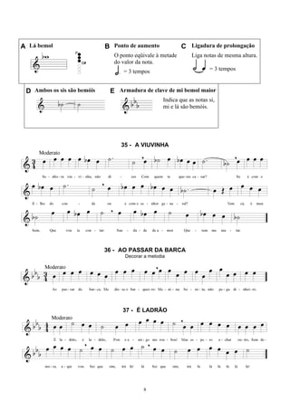 8
A Lá bemol B Ponto de aumento C Ligadura de prolongação
O ponto eqüivale à metade
do valor da nota.
= 3 tempos
Liga notas de mesma altura.
= 3 tempos
D Ambos os sis são bemóis E Armadura de clave de mi bemol maior
Indica que as notas si,
mi e lá são bemóis.
35 - A VIUVINHA
36 - AO PASSAR DA BARCA
Decorar a melodia
37 - É LADRÃO
 