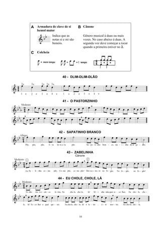 10
A Armadura de clave de si
bemol maior
B Cânone
Indica que as
notas si e mi são
bemóis.
Gênero musical à duas ou mais
vozes. No caso abaixo à duas. A
segunda voz deve começar a tocar
quando a primeira estiver no 2.
C Colcheia
40 - DLIM-DLIM-DLÃO
41 - O PASTORZINHO
42 - SAPATINHO BRANCO
43 - ZABELINHA
Cânone
44 - EU CHOLE, CHOLE, LÁ
 