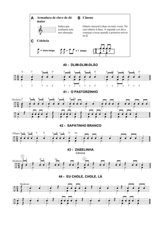 A Armadura de clave de dó
maior
B Cânone
Indica que
nenhuma nota
tem alteração.
Gênero musical à duas ou mais vozes. No
caso abaixo à duas. A segunda voz deve
começar a tocar quando a primeira estiver
no 2.
C Colcheia
40 - DLIM-DLIM-DLÃO
41 - O PASTORZINHO
42 - SAPATINHO BRANCO
43 - ZABELINHA
Cânone
44 - EU CHOLE, CHOLE, LÁ
 
