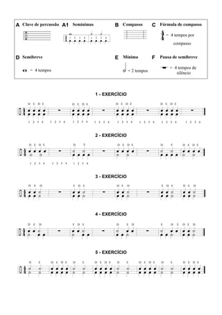 A Clave de percussão A1 Semínimas B Compasso C Fórmula de compasso
= 4 tempos por
compasso
D Semibreve E Mínima F Pausa de semibreve
= 4 tempos = 2 tempos
= 4 tempos de
silêncio
1 - EXERCÍCIO
2 - EXERCÍCIO
3 - EXERCÍCIO
4 - EXERCÍCIO
5 - EXERCÍCIO
 