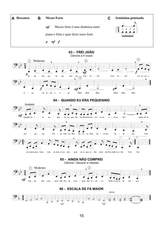 15
A Descanso B Mezzo Forte C Semínima pontuada
F Mezzo forte é uma dinâmica entre
piano e forte e quer dizer meio forte
p F f
63 - FREI JOÃO
Cânone à 4 vozes
64 - QUANDO EU ERA PEQUENINO
65 - AINDA NÃO COMPREI
Cânone - Decorar a melodia
66 - ESCALA DE FÁ MAIOR
 