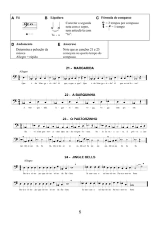 5
A Fá B Ligadura C Fórmula de compasso
Conectar a segunda
nota com o sopro,
sem articulá-la com
“tu”.
= 2 tempos por compasso
= = 1 tempo
D Andamento E Anacruse
Determina a pulsação da
música
Allegro = rápido
Note que as canções 21 e 23
começam no quarto tempo do
compasso.
21 - MARGARIDA
Allegro
22 - A BARQUINHA
23 - O PASTORZINHO
24 - JINGLE BELLS
Allegro
 