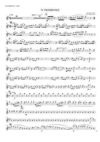 
q=116
1ªCLARINETE in Bbª
Meredith Willson
Arr: Naohiro Iwai
76 TROMBONES
Apito -------------* A





ff


    
    
       
  

Bq.=11625

 
mf
  

  
     

  

   

mf
  

  
     
        
33

 
  

    

 

 

     

           
   
C41

 
  

  
     

  

  

  

  
     

  

 
48

 

      

       

     
  
mp
 
D57

     


   

               

 


  
f

  
65


mp
    


   

         
mf f
   


 

mp
 

E73


    


   

               

 


  
f

  
81

 
   


 
 

    



  

  
 
 

 


     
  
fz
 

F h=11689




f


































98



ff
     

   


     

   
     

  

 

  

 

  

106
G

    

mp
                          
114



                       
     
  

f
 

H123
V.S.


         



  
f
 

          
f
  

       
 