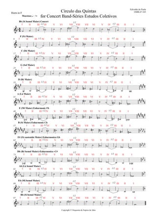 Copyright © Orquestra de Sopros de Jales
Horn in F
I II III 1/2 IV V VI VII
1/2
VIII VII VI V IV 1/2 III II I
Bb (Sí bemol Maior) Concert
Maestoso q = 70
I II III 1/2 IV V VI VII
1/2
VIII VII VI V IV 1/2 III II I
F (Fá Maior)
9
I II III 1/2 IV V VI VII
1/2
VIII VII VI V IV 1/2 III II I
C (Dó Maior)
17
I II III 1/2 IV V VI VII
1/2
VIII VII VI V IV 1/2 III II I
G (Sol Maior)
25
I II III 1/2 IV V VI VII
1/2
VIII VII VI V IV 1/2 III II I
D (Ré Maior)
33
I II III 1/2 IV V VI VII
1/2
VIII VII VI V IV 1/2 III II I
A (Lá Maior)
41
I II III 1/2 IV V VI VII
1/2
VIII VII VI V IV 1/2 III II I
E (Mi Maior) Enharmonic Fb
49
I II III 1/2 IV V VI VII
1/2
VIII VII VI V IV 1/2 III II I
B (Sí Maior) Enharmonic Cb
F# (Fá sustenido Maior) Enharmonica Gb
57
I II III 1/2 IV V VI VII
1/2
VIII VII VI V IV 1/2 III II I65
I II III 1/2 IV V VI VII
1/2
VIII VII VI V IV 1/2 III II I
Db (Ré bemol Maior)-Enharmonica -C#
73
I II III 1/2 IV V VI VII
1/2
VIII VII VI V IV 1/2 III II I
Ab (Lá bemol Maior)
81
I II III 1/2 IV V VI VII
1/2
VIII VII VI V IV 1/2 III II I
Eb (Mí bemol Maior)
89
I II III 1/2 IV V VI VII
1/2
VIII VII VI V IV 1/2 III II I
Bb (Sí bemol Maior)
97

 
Círculo das Quintas
for Concert Band-Séries Estudos Coletivos
Edivaldo de Paula
OMB-47.345



 

 


 



 









 


 
 

 
 

              
              
              
              
              
              
              
              
              
              
              
              
              
 