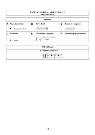 18
PÁGINA 2 DO LIVRO DO ESTUDANTE
Exercícios 6 - 10
TEORIA
A Pausa de mínima B Barra final C Barra de compasso
= 2 tempos de silêncio
D Semínima E Fórmula de compasso F (Somente para percussão)
= 1 tempo
= 4 tempos por compasso
= = 1 tempo
PERCUSSÃO
F Batidas Alternadas
 