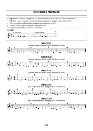 220
EXERCICIOS AUDITIVOS
 O professor toca dois compassos e os alunos repetem, de ouvido, nos seus instrumentos,
 Informar a nota com que o exercício se inicia, já transposta para cada instrumento,
 Estes exercícios estão escritos para instrumentos em si bemol
 Usar os alunos de percussão para acompanhá-los
 Crie outros exercícios, rítmicos e melódicos
Exemplo:
EXERCÍCIO 1
para ser praticado após a página 5 do livro do aluno
EXERCÍCIO 2
para ser praticado após a página 8 do livro do aluno
EXERCÍCIO 3
para ser praticado após a página 8 do livro do aluno
EXERCÍCIO 4
para ser praticado após a página 15 do livro do aluno
EXERCÍCIO 5
para ser praticado após a página 18 do livro do aluno
 