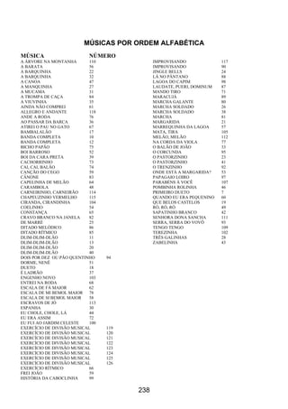 238
MÚSICAS POR ORDEM ALFABÉTICA
MÚSICA NÚMERO
A ÁRVORE NA MONTANHA 110
A BARATA 56
A BARQUINHA 22
A BARQUINHA 32
A CANOA 47
A MANQUINHA 27
A MUCAMA 31
A TROMPA DE CAÇA 84
A VIUVINHA 35
AINDA NÃO COMPREI 61
ALLEGRO E ANDANTE 118
ANDE A RODA 76
AO PASSAR DA BARCA 36
ATIREI O PAU NO GATO 67
BAMBALALÃO 17
BANDA COMPLETA 10
BANDA COMPLETA 12
BICHO PAPÃO 75
BOI BARROSO 52
BOI DA CARA PRETA 39
CACHORRINHO 73
CAI, CAI, BALÃO 74
CANÇÃO DO CEGO 59
CÂNONE 83
CAPELINHA DE MELÃO 64
CARAMBOLA 48
CARNEIRINHO, CARNEIRÃO 114
CHAPEUZINHO VERMELHO 115
CIRANDA, CIRANDINHA 104
COELINHO 54
CONSTANÇA 65
CRAVO BRANCO NA JANELA 82
DE MARRÉ 25
DITADO MELÓDICO 86
DITADO RÍTMICO 85
DLIM-DLIM-DLÃO 11
DLIM-DLIM-DLÃO 13
DLIM-DLIM-DLÃO 20
DLIM-DLIM-DLÃO 40
DOIS POR DEZ OU PÃO QUENTINHO 94
DORME, NENÊ 51
DUETO 18
É LADRÃO 37
ENGENHO NOVO 103
ENTREI NA RODA 68
ESCALA DE FÁ MAIOR 62
ESCALA DE MI BEMOL MAIOR 78
ESCALA DE SI BEMOL MAIOR 58
ESCRAVOS DE JÓ 113
ESPANHA 30
EU CHOLE, CHOLE, LÁ 44
EU ERA ASSIM 72
EU FUI AO JARDIM CELESTE 100
EXERCÍCIO DE DIVISÃO MUSICAL 119
EXERCÍCIO DE DIVISÃO MUSICAL 120
EXERCÍCIO DE DIVISÃO MUSICAL 121
EXERCÍCIO DE DIVISÃO MUSICAL 122
EXERCÍCIO DE DIVISÃO MUSICAL 123
EXERCÍCIO DE DIVISÃO MUSICAL 124
EXERCÍCIO DE DIVISÃO MUSICAL 125
EXERCÍCIO DE DIVISÃO MUSICAL 126
EXERCÍCIO RÍTMICO 66
FREI JOÃO 59
HISTÓRIA DA CABOCLINHA 99
IMPROVISANDO 117
IMPROVISANDO 90
JINGLE BELLS 24
LÁ NO PÂNTANO 88
LAGOA DO CAPIM 98
LAUDATE, PUERI, DOMINUM 87
MANDO TIRO 71
MARACUJÁ 89
MARCHA GALANTE 80
MARCHA SOLDADO 26
MARCHA SOLDADO 38
MARCHA 81
MARGARIDA 21
MARREQUINHA DA LAGOA 57
MATA, TIRA 105
MELÃO, MELÃO 112
NA CORDA DA VIOLA 77
O BALÃO DE JOÃO 33
O CORCUNDA 95
O PASTORZINHO 23
O PASTORZINHO 41
O TRENZINHO 92
ONDE ESTÁ A MARGARIDA? 53
PAPAGAIO LOIRO 97
PARABÉNS À VOCÊ 107
POMBINHA ROLINHA 46
PRIMEIRO DUETO 7
QUANDO EU ERA PEQUENINO 60
QUE BELOS CASTELOS 19
RÓ, RÓ, RÓ 49
SAPATINHO BRANCO 42
SENHORA DONA SANCHA 111
SERRA, SERRA DO VOVÔ 93
TENGO TENGO 109
TEREZINHA 102
TRÊS GALINHAS 28
ZABELINHA 43
 