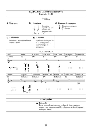 36
PÁGINA 5 DO LIVRO DO ESTUDANTE
Exercícios 21 - 24
TEORIA
A Nota nova B Ligadura C Fórmula de compasso
Conectar a
segunda nota com
o sopro, sem
articulá-la com
“tu”.
= 2 tempos por compasso
= = 1 tempo
D Andamento E Anacruse
determina a pulsação da música
Allegro = rápido
Note que as canções 21
e 23 começam no
quarto tempo do
compasso.
NOTAS NOVAS
Flauta Oboé Clarineta Sax Alto Sax Tenor Trompete Sax Gênis
Si bemol Fá Dó Ré Dó Dó Ré
Trompa Fagote Trombone Bomb. - Sol Bomb. - Fá Tuba Mib Tuba Sib
Dó Si bemol Si bemol Dó Si bemol Fá Si bemol
ou
1
PERCUSSÃO
A Triângulo
Tocar suspendendo-o em um pedaço de linha ou couro,
usando a sua baqueta específica e batendo no ângulo oposto
ao ângulo aberto.
 