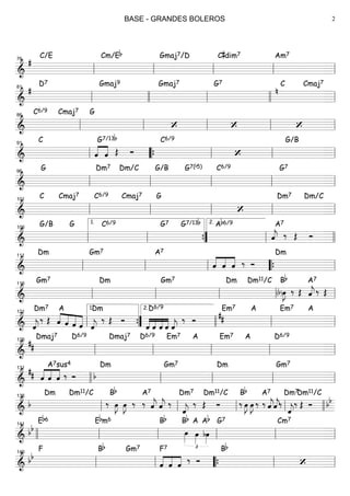 ===============================&
#
C/E Cm/Eb Gmaj7/D C#dim7 Am7
ll
76
ll ll ll ll
===============================&
#
D7 Gmaj9 Gmaj7 G7 C
n
Cmaj7
ll
81
llll ll llll ll
===============================&
C6/9 Cmaj7 G
‘ ‘ ‘ll
86
ll ll ll ll
===============================&
C
ˆ««««
««««
ˆ Œ
G7/13b
Ó
C6/9
‘
G/B
ll
91
““{ ll ll ll
===============================&
G Dm7 Dm/C G/B G7(b5) C6/9 G7
ll
96
ll ll ll ll
===============================&
C Cmaj7 C6/9 Cmaj7 G
‘
Dm7 Dm/C
ll
101
ll ll ll ll
===============================&
G/B G C6/9 G7 G7/13b Ab6/9
ˆ««««
j ‰
A7
Œ Óll
106
ll
1.
””{ ll
2.
llll
===============================&
Dm Gm7 A7
««««
««««
««««
ˆ ˆ ˆ ‰ Ó
Dm
ll
111
ll ll ““{ ll
===============================&
Gm7 Dm Gm7 Dm Dm11/C
(b)œ»»»»
J ‰
Bb
Œ ˆ««««
j
A7
‰ Œ
ll
116
ll ll ll ll
===============================& ˆ««««
j
‰
Dm7
Œ ««««
««««
««««
«««««ˆ
A
ˆ ˆ ˆ ˆ««««
j
‰
Dm
Œ Ó
««««
««««
««««
««««
ˆ ˆ ˆ ˆ
D6/9
ˆ««««
j
‰ Ó
Em7
##
A Em7 A
ll
121
””{
1.
llll
2.
ll ll
===============================&
##
Dmaj7 D6/9 Dmaj7 D6/9 Em7 A Em7 A D6/9
ll
126
ll ll ll ll
===============================&
## ˆ««««
««««
««««
ˆ ˆ ‰
A7sus4
Ó b
Dm Gm7 Dm Gm7
llll
131
ll ll ll ll
===============================&
b
Dm Dm11/C
‰ œ»»»»
J
Bb
œ»»»»
J
A7
‰ ‰ ˆ««««
j ˆ««««
j ‰
ˆ««««
j
‰
Dm7
Œ Ó
Dm11/C
‰ œ»»»»
J
Bb
œ»»»»
J
A7
‰ ‰ ˆ««««
jˆ««««
j‰
ˆ««««
j
‰
Dm7
Œ Ó
Dm11/C
bb
ll
136
ll ll ll llll
===============================&
bb
Eb6 Ebm6 Bb Bb
£
œ»»»»
A
œ»»»»
Ab
bœ»»»»
G7 Cm7
llll ll
141
ll ll ll ll
===============================&
bb
F Bb Gm7
ˆ««««
««««
««««
F7
ˆ ˆ ‰ Ó
Bb
‘ll
146
ll ““{ ll ll
BASE - GRANDES BOLEROS 2
 
