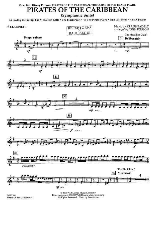 pirates of the caribbean john wasson pirates of the caribbean clarinet sheet music