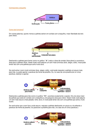 Conhecendo a boquilha
Como isto funciona?
Em outras palavras, quanto menos a palheta estiver em contato com a boquilha, maior liberdade ela terá
para vibrar.
Deslizando a palheta para frente (como no gráfico " A ") reduz a área de contato (face plana) e aumenta a
área para a palheta vibrar. Deste modo você adquire um som mais luminoso (leve, alegre, solto). Você pode
tentar isto com uma palheta que acha muito dura.
Se você achar o som muito luminoso (leve, alegre, solto), você pode reajustar a palheta um pouco mais
para trás, ou pode apertar o parafuso da frente da presilha. Ou, no caso de uma presilha de um único
parafuso, deslizar e apertar.
Deslizando a palheta para trás (como no gráfico " B "), acontece exatamente o oposto. Há uma área maior
da palheta que está em contato com a boquilha e uma pequena área para vibrar. Deste modo você adquire
um som mais escuro (mais pesado, forte, duro). E você pode tentar isto com uma palheta que achou muito
suave.
Se você achar que o som ficou muito escuro, reajuste a palheta deslizando um pouco ou vá soltando o
parafuso da frente da presilha. Ou posicione a presilha para trás. (no caso de um único parafuso.)
 