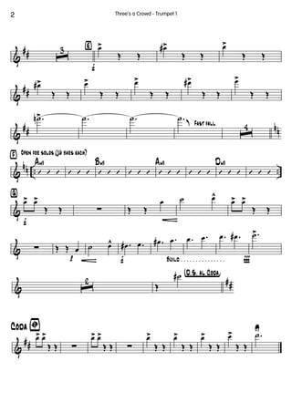 &
## ˆ
3 ‹
f
œ>
Œ Œ
œ#>
Œ Œ
œ>
Œ Œ
&
##
œ#>
Œ Œ
œ>
Œ Œ
œ>
Œ Œ
œ#>
Œ Œ
œ>
Œ Œ
&
## nn
.˙n> .˙ .˙
Fast fall
.˙ K
ˆ
4
&
nn .. ..
› Open for solos (16 bars each)
’ ’ ’
Am9
’ ’ ’ ’ ’ ’
Bm9
’ ’ ’ ’ ’ ’
Am9
’ ’ ’ ’ ’ ’
Dm9
’ ’ ’
&
ﬁ
f
œ> œ>
Œ Œ ∑ Œ Œ
œ ˙ œ^
œ> œ>
Œ Œ
& ∑
p
Œ Œ œ ˙ œ^
f Build . . . . . . . . . . . . . . .
.œ# .œ .œ# .œ .œ .œ
Ï
.œ .œ# .˙>
&
##ˆ
2
†D.õS. aõl Coda¢
Œ
˙#
&
##
ﬁCoda
œ> œ>
Œ Œ ∑
œ> œ>
Œ Œ ∑
œ>
Œ Œ
œ>
Œ Œ
œ>
Œ Œ
œ>
Œ Œ
.˙U
2 Three's a Crowd - Trumpet 1
 