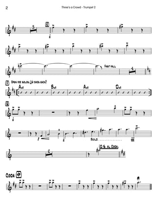 &
## ˆ
3 ‹
f
œ>
Œ Œ
œ>
Œ Œ
œ#>
Œ Œ
&
##
œ>
Œ Œ
œ#>
Œ Œ
œ>
Œ Œ
œ#>
Œ Œ
œ>
Œ Œ
&
## nn
˙n> .˙ ˙ Fast fall
.˙ K
ˆ
4
&
nn .. ..
› Open for solos (16 bars each)
’ ’ ’
Am9
’ ’ ’ ’ ’ ’
Bm9
’ ’ ’ ’ ’ ’
Am9
’ ’ ’ ’ ’ ’
Dm9
’ ’ ’
&
ﬁ
f
œ> œ>
Œ Œ ∑ Œ Œ
œ ˙ œ^ œ> œ>
Œ Œ
& ∑
p
Œ Œ œ ˙ œ
^
f Build . . . . . . . . . . . . . . .
.œ .œ .œ# .œ .œ# .œ
Ï
.œ .œ .˙>
&
##ˆ
2
†D.õS. aõl Coda¢
Œ
˙#
&
##
ﬁCoda
œ> œ>
Œ Œ ∑
œ> œ>
Œ Œ ∑
œ>
Œ Œ
œ>
Œ Œ
œ>
Œ Œ
œ#>
Œ Œ
.˙U
2 Three's a Crowd - Trumpet 2
 