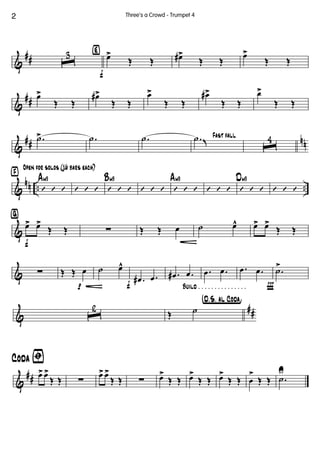 &
## ˆ
3 ‹
f
œ>
Œ Œ œ#>
Œ Œ
œ>
Œ Œ
&
##
œ>
Œ Œ
œ#>
Œ Œ
œ>
Œ Œ
œ#>
Œ Œ
œ>
Œ Œ
&
## nn
.˙> .˙ .˙ Fast fall.˙ K ˆ
4
&
nn .. ..
›
Open for solos (16 bars each)
’ ’ ’
Am9
’ ’ ’ ’ ’ ’
Bm9
’ ’ ’ ’ ’ ’
Am9
’ ’ ’ ’ ’ ’
Dm9
’ ’ ’
&
ﬁ
f
œ> œ>
Œ Œ ∑ Œ Œ œ ˙ œ^ œ> œ>
Œ Œ
& ∑
p
Œ Œ œ ˙ œ^
f Build . . . . . . . . . . . . . . .
.œ# .œ .œ# .œ .œ .œ
Ï
.œ .œ .˙>
&
##ˆ
2
†D.õS. aõl Coda¢
Œ ˙
&
##
ﬁCoda
œ>œ>
Œ Œ ∑
œ>œ>
Œ Œ ∑ œ>
Œ Œ œ>
Œ Œ œ>
Œ Œ œ
>
Œ Œ .˙
U
2 Three's a Crowd - Trumpet 4
 