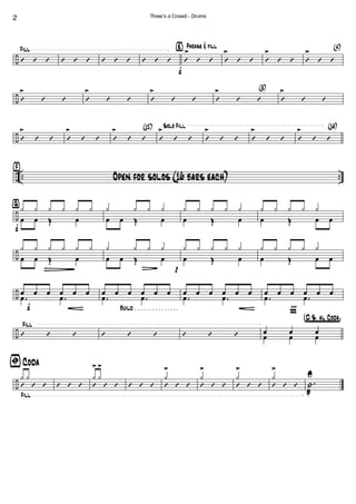 ÷
Fill
’ ’ ’ ’ ’ ’ ’ ’ ’ ’ ’ ’
‹ Phrase & fill
f
’ ’ ’
>
’ ’ ’
>
’ ’ ’
> (4)
’ ’ ’
>
÷ ’ ’ ’
>
’ ’ ’
>
’ ’ ’
> (8)
’ ’ ’
>
’ ’ ’
>
÷ ’ ’ ’
>
’ ’ ’
> (12)
’ ’ ’
> Solo Fill
’ ’ ’
>
’ ’ ’
>
’ ’ ’
> (16)
’ ’ ’
>
÷ .. ..
›
Open for solos (16 bars each)
÷
ﬁ
f
y y y y y y
œ œ Œ œ
y y y y
œ œ Œ œ
y y y y y
œ Œ œ
y y y y y
œ Œ œ œ
÷
y
Ñ
y y y y y
œ œ Œ œ
y y
L
y y
œ œ Œ œ
p
y y y y y
œ Œ œ
y y y y y
œ Œ œ œ
÷
f Build . . . . . . . . . . . . . . .
œ œ œ œ
G
œ œ
.œ .œ
œ œ œ œ œ œ
.œ .œ
œ œ œ œ œ œ
.œ .œ
Ï
œ
G
œ œ œ œ œ
.œ .œ
÷
Fill
’ ’ ’ ’ ’ ’ ’ ’ ’
†D.õS. aõl Coda¢
œ œ œ
œ œ œ
÷
Fill
ﬁ Coda
’ ’ ’
y y
’ ’ ’ ’ ’ ’
y
>
y
>
’ ’ ’ ’ ’ ’
y
>
’ ’ ’
y
>
’ ’ ’
y
>
’ ’ ’
y
>
.|
æ
U
2 Three's a Crowd - Drums
 