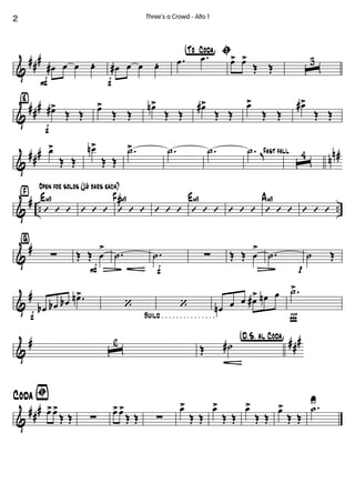 &
###
F
œ# œ œ œ.
f
œ# œ œ œ.
ı†°To ° Coda¢
.œ .œ œ> œ>
Œ Œ ˆ
3
&
###‹
f
œ#>
Œ Œ œ>
Œ Œ
œn>
Œ Œ
œ#>
Œ Œ
œ>
Œ Œ
œ#>
Œ Œ
&
###
nn#œ>
Œ Œ
œn>
Œ Œ
.˙> .˙ .˙ Fast fall.˙ K ˆ
4
&
# .. ..
›
Open for solos (16 bars each)
’ ’ ’
Em9
’ ’ ’ ’ ’ ’
F#m9
’ ’ ’ ’ ’ ’
Em9
’ ’ ’ ’ ’ ’
Am9
’ ’ ’
&
#
ﬁ
∑
F
Œ Œ œ
>
Ä f
.˙ .˙ ∑ Œ Œ œ
>
Ä p
.˙ ˙ Œ
&
#
f Build . . . . . . . . . . . . . . .
œb œb œb .œn>
‘ ‘
Ï
œn œ œ œ#> œn œ .˙>
&
# ###
ˆ
2 †D.õS. aõl Coda¢
Œ ˙#
&
###
Coda ﬁ
œ>œ>
Œ Œ ∑ œ>œ>
Œ Œ ∑
œ>
Œ Œ
œ>
Œ Œ
œ>
Œ Œ
œ>
Œ Œ
.˙U
2 Three's a Crowd - Alto 1
 