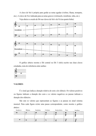 A clave de Sol é própria para grafar as notas agudas (violino, flauta, trompete,
etc.). A clave de Fá é indicada para as notas graves (violoncelo, trombone, tuba, etc.).
Veja abaixo a escala de Dó nas claves de Sol e de Fá (na quarta linha):
O gráfico abaixo mostra o Dó central ou Dó 3 (três) escrito nas duas claves
estudadas, nota de referência entre ambas:
VALORES
É o sinal que indica a duração relativa do som e do silêncio. Os valores positivos
ou figuras indicam a duração dos sons e os valores negativos ou pausas indicam a
duração dos silêncios.
São sete os valores que representam as figuras e as pausas no atual sistema
musical. Para cada figura existe uma pausa correspondente, como mostra o gráfico
abaixo:
 