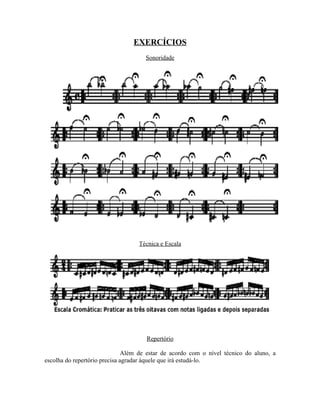 EXERCÍCIOS
Sonoridade
Técnica e Escala
Repertório
Além de estar de acordo com o nível técnico do aluno, a
escolha do repertório precisa agradar àquele que irá estudá-lo.
 