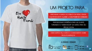 UM PROJETO PARA...
APROXIMAR A MARCA DO PÚBLICO DA RÁDIO CIDADE,
MAJORITARIAMENTE CLASSE C, COM PODER DE CONSUMO
PROPORCIONAR EXPERIÊNCIA PARA UM OUVINTE,
TORNANDO-O “EMBAIXADOR” DA MARCA PARA SEU
CÍRCULO SOCIAL
CRIAR EMPATIA PELA MARCA E CONHECIMENTO SOBRE
PRODUTOS/SERVIÇOS
55% FEM
45% MASC47.734
PICO DE AUDIÊNCIA
Fonte: Ibope Easy Media 3 | Dez a Fev/2014 | 05h-05h | Todos os dias
Fonte: Ibope Easy Media 3 | Jan a Mar/2014 – Seg a sex – 16h às 17.
+ 167 mil likes
+ 33 mil seguidores
A RÁDIO CIDADE
 