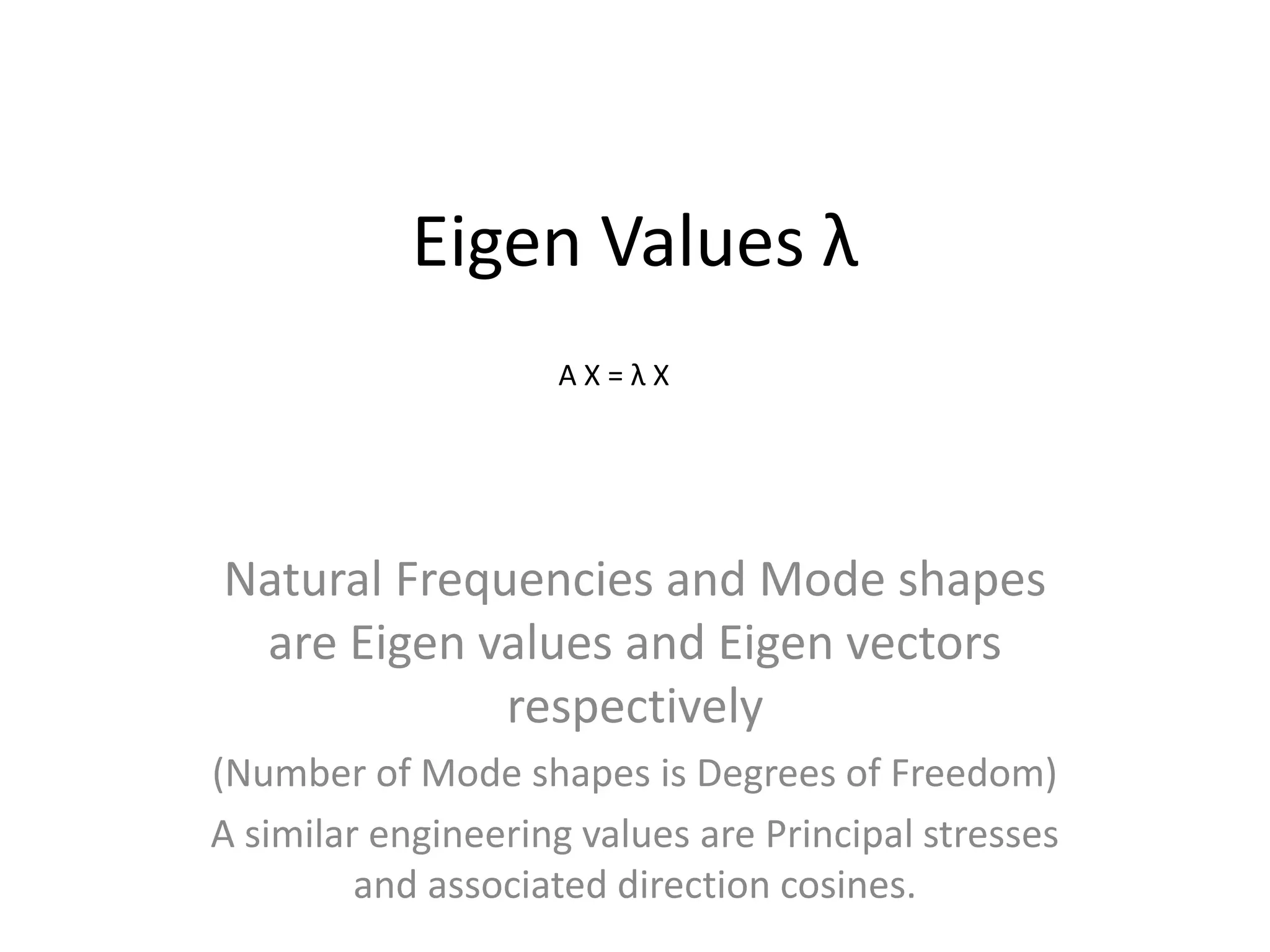 Eigen Values λ
Natural Frequencies and Mode shapes
are Eigen values and Eigen vectors
respectively
(Number of Mode shapes is Degrees of Freedom)
A similar engineering values are Principal stresses
and associated direction cosines.
A X = λ X
 