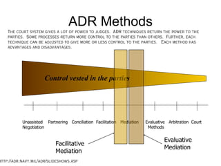 ADR Methods
    The court system gives a lot of power to judges. ADR techniques return the power to the
    parties. Some ...