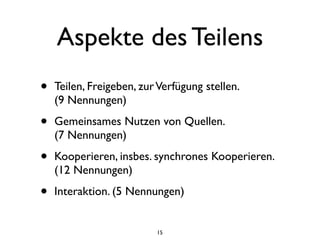 Aspekte des Teilens
•   Teilen, Freigeben, zur Verfügung stellen.
    (9 Nennungen)

•   Gemeinsames Nutzen von Quellen.
    (7 Nennungen)

•   Kooperieren, insbes. synchrones Kooperieren.
    (12 Nennungen)

•   Interaktion. (5 Nennungen)


                          15
 