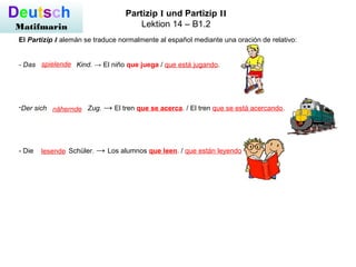 Deutsch
Matifmarin
Partizip I und Partizip II
Lektion 14 – B1.2
El Partizip I alemán se traduce normalmente al español mediante una oración de relativo:
- Das Kind. → El niño que juega / que está jugando.
-Der sich Zug. → El tren que se acerca. / El tren que se está acercando.
- Die Schüler. → Los alumnos que leen. / que están leyendo.
spielende
nähernde
lesende
 