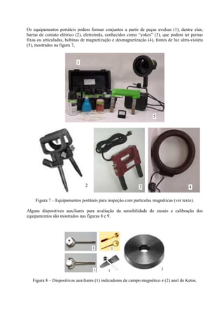 Os equipamentos portáteis podem formar conjuntos a partir de peças avulsas (1), dentre elas;
barras de contato elétrico (2), eletroímãs, conhecidos como “yokes” (3), que podem ter pernas
fixas ou articuladas, bobinas de magnetização e desmagnetização (4), fontes de luz ultra-violeta
(5), mostrados na figura 7,

1

5

2

3

4

Figura 7 – Equipamentos portáteis para inspeção com partículas magnéticas (ver texto).
Alguns dispositivos auxiliares para avaliação da sensibilidade do ensaio e calibração dos
equipamentos são mostrados nas figuras 8 e 9.

1

1

1

1

2

Figura 8 – Dispositivos auxiliares (1) indicadores de campo magnético e (2) anel de Ketos.

 