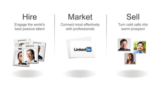 Hire                  Market                      Sell
Engage the world’s    Connect most effectively   Turn cold calls into
best passive talent     with professionals         warm prospect
 