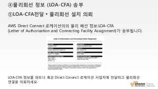 ④물리회선 정보 (LOA-CFA) 송부
⑤LOA-CFA전달・물리회선 설치 의뢰
AWS Direct Connect 로케이션의의 물리 배선 정보:LOA-CFA
(Letter of Authorization and Connecting Facility Assignment)가 송부됩니다.
LOA-CFA 정보를 파트너 혹은 Direct Conenct 로케이션 사업자에 전달하고 물리회선
연결을 의뢰하세요.
 