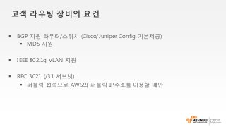 고객 우팅 장비의 요건
BGP 지원 라우터/스위치 (Cisco/Juniper Config 기본제공)
MD5 지원
IEEE 802.1q VLAN 지원
RFC 3021 (/31 서브넷)
퍼블릭 접속으로 AWS의 퍼블릭 IP주소를 이용할 때만
 