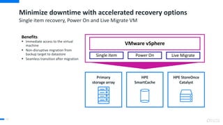 Minimize downtime with accelerated recovery options
50
Single item recovery, Power On and Live Migrate VM
Primary
storage array
HPE StoreOnce
Catalyst
HPE
SmartCache
Single item Power On Live Migrate
VMware vSphere
Benefits
 Immediate access to the virtual
machine
 Non-disruptive migration from
backup target to datastore
 Seamless transition after migration
 