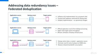 Addressing data redundancy issues –
Federated deduplication
52
 Software only implementation can use generic disk
 Purpose built appliance optimized for backup data
 Simplest implementation – no operational changes
Application source Backup server Target system
 Offload application source from dedupe processing
 Higher total target system throughput
 Efficient utilization of backup infrastructure
Application source Backup server Target system
Low-bandwidth
 Dedupe where data is created – application source
 Eliminate need for extra hardware at ROBO sites
 Reduces network bandwidth consumption
Application source Backup server Target system
Low-bandwidthLow-bandwidth
 