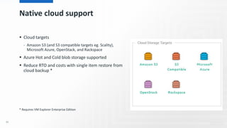 Native cloud support
 Cloud targets
- Amazon S3 (and S3 compatible targets eg. Scality),
Microsoft Azure, OpenStack, and Rackspace
 Azure Hot and Cold blob storage supported
 Reduce RTO and costs with single item restore from
cloud backup *
* Requires VM Explorer Enterprise Edition
91
 
