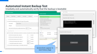 Automated Instant Backup Test
Imediatly and automatically verify that the backup is bootable
94
Screenshots appear in
task history (log)
 