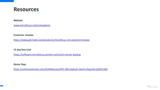 Resources
Website
www.microfocus.com/vmexplorer
Customer reviews
https://www.g2crowd.com/products/microfocus-vm-explorer/reviews
15 day free trial
https://software.microfocus.com/en-us/try/vm-server-backup
Demo Days
https://community.hpe.com/t5/Webinars/HPE-VM-Explorer-Demo-Days/td-p/6923366
100
 