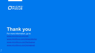 Thank you
For more information, go to
www.microfocus.com/abr
www.micofocus.com/dataprotector
www.microfocus.com/backupnav
www.microfocus.com/storageopt
10
2
 