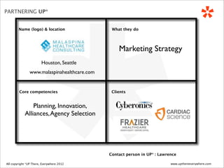 *
PARTNERING UP*


          Name (logo) & location                   What they do




                                                      Marketing Strategy
                            Houston, Seattle
                   www.malaspinahealthcare.com


           Core competencies                       Clients


                   Planning, Innovation,
               Alliances, Agency Selection




                                                  Contact person in UP* : Lawrence

 All copyright *UP There, Everywhere
All copyright UP* There, Everywhere 2010   2012                                www.upthereeverywhere.com
 
