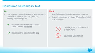 How should AppExchange listings be named?
3.5_AppExchange Naming Salesforce Partner Branding Guidelines
Do:
Use your AppExchange
app tile to explain what
your app does.
Incorporate your own
branding into your
AppExchange listing name.
Reference your app’s
interoperability with
Salesforce in a referential
manner only.
List your connector tool
using only the approved
naming convention.
Don’t:
Create your own or
modify AppExchange
corner sashes on your
AppExchange app tile, or
put a Salesforce design
element (for example,
cloud design) on your
app tile.
Make your listing name a
description of your app’s
functionality or just a
descriptive phrase.
Make Salesforce brands the
most prominent portion
of your listing name.
Use other third-
party brands without
authorization or in
violation of their
brand use guidelines.
- Alpha Text Messaging App
- Alpha Text Messaging App for Salesforce
- Alpha Connector between Beta and Salesforce
- Email Inbox Dashboard
- Salesforce Maps
- Beta Email Inbox Wizard by Alpha
 