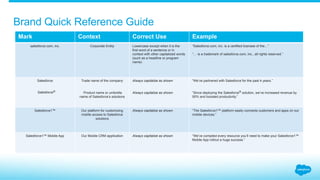 How are partner logos accessed?
6.1_Appendix A: Partner Logos Salesforce Partner Branding Guidelines
1.	Log in to the Partner Community.
If you need help signing up, go to
p.force.com/signup.
2. 	Go to the Branding Guidelines page at
p.force.com/branding.
3. 	Select the Badges tab.
4. 	Select “Download all partner badges
(.zip file) here.”
5. 	Though all badges are made available in
the .zip file, you are only allowed to use the
badges that are pertinent to your company.
Consult the Salesforce Brand Identity
Guidelines when using any partner-approved
Salesforce logo.
 