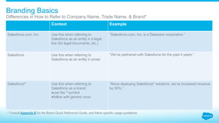What are trademarks? What are copyrights?
A trademark is typically a word,
phrase, name, symbol, or device
(or a combination of those things)
that identifies the products
or services of a company and
distinguishes them from the
products and services of other
companies. A trademark assures
consumers of consistent quality with
respect to those goods or services,
and aids in their promotion.
Copyrights are exclusive rights to
original works, including certain
original written material, pictorial,
photographic and graphical work,
audio-visual work, and certain
computer programs and code. The
owner of a copyright has the right to
exclude all others from reproducing,
displaying, distributing, creating
derivative works, performing, or
otherwise using the original work.
Copyrights owned by Salesforce
include its logos, website designs
and content, videos and other
promotional materials, and its
proprietary code. With very limited
exceptions, partners may not
use any copyright asset owned
by Salesforce without written
authorization.
1.1_Trademark + Copyright Salesforce Partner Branding Guidelines
™ ©
 