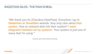 11
© 2022 Cloudera, Inc. All rights reserved.
INGESTION SILOS - THE PAIN IS REAL
Customer quote after DataFlow workshop
"We thank you for [Cloudera DataFlow]. Everytime I go to
Databricks or Snowflake website, they only care about their
system. How to onboard data into their system? I want
integration between all my systems. Your system is just one of
many that I'm using."
 