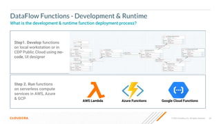 24
© 2022 Cloudera, Inc. All rights reserved.
DataFlow Functions - Development & Runtime
What is the development & runtime function deployment process?
Step1. Develop functions
on local workstation or in
CDP Public Cloud using no-
code, UI designer
Step 2. Run functions
on serverless compute
services in AWS, Azure
& GCP
AWS Lambda Azure Functions Google Cloud Functions
 