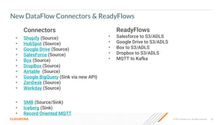 45
© 2022 Cloudera, Inc. All rights reserved.
New DataFlow Connectors & ReadyFlows
Connectors
• Shopify (Source)
• HubSpot (Source)
• Google Drive (Source)
• SalesForce (Source)
• Box (Source)
• DropBox (Source)
• Airtable (Source)
• Google BigQuery (Sink via new API)
• ZenDesk (Source)
• Workday (Source)
• SMB (Source/Sink)
• Iceberg (Sink)
• Record Oriented MQTT
ReadyFlows
• Salesforce to S3/ADLS
• Google Drive to S3/ADLS
• Box to S3/ADLS
• Dropbox to S3/ADLS
• MQTT to Kafka
 