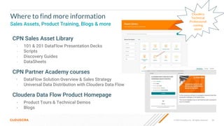54
© 2022 Cloudera, Inc. All rights reserved.
Where to find more information
Sales Assets, Product Training, Blogs & more
CPN Sales Asset Library
• 101 & 201 DataFlow Presentation Decks
• Scripts
• Discovery Guides
• DataSheets
CPN Partner Academy courses
• DataFlow Solution Overview & Sales Strategy
• Universal Data Distribution with Cloudera Data Flow
Cloudera Data Flow Product Homepage
• Product Tours & Technical Demos
• Blogs
Cloudera
Technical
Professional
coming
soon!
 